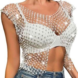 Mesh Rhinestone Sheer See Through Crop Top/Bikini Cover Up